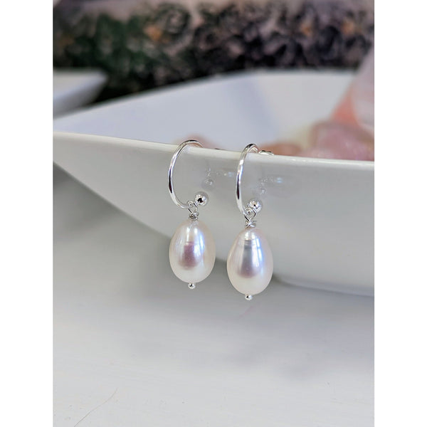 Classic White Pearl Drop Hoops Dollie Jewellery